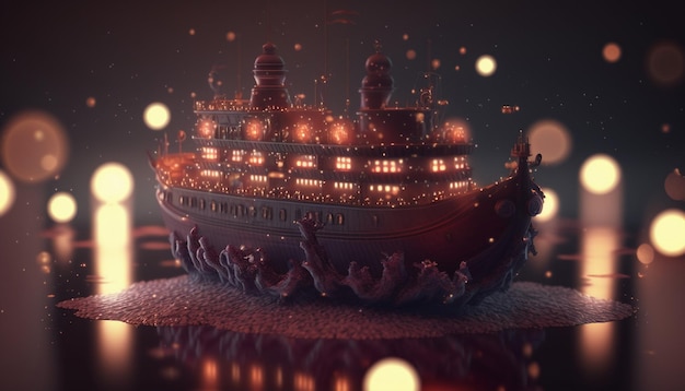 A ship on a dock with lights on.