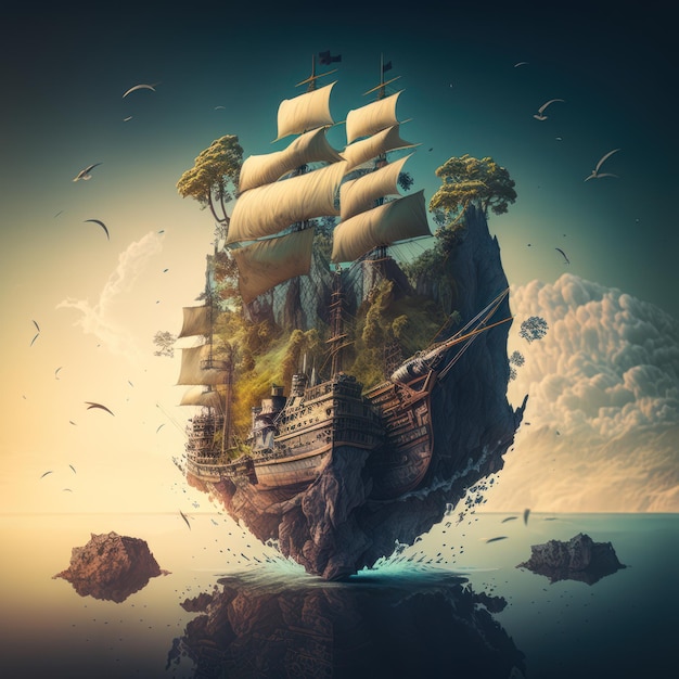 A ship on a floating island with a sky background and the word pirate on it.