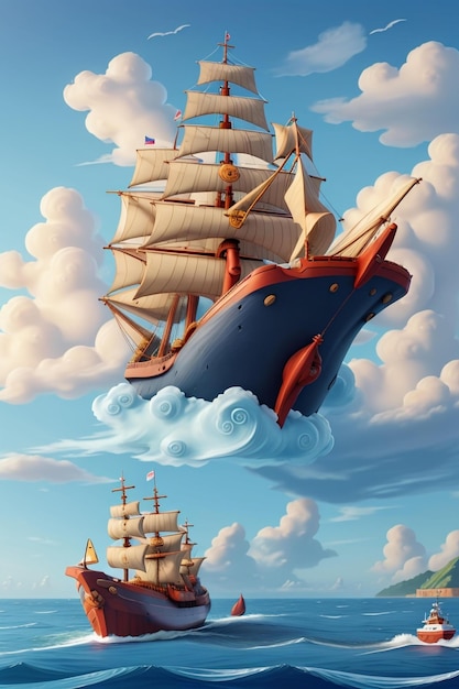 A ship floating in the sky with clouds.