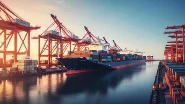 Foto nave piena di container pesanti in un porto trafficato