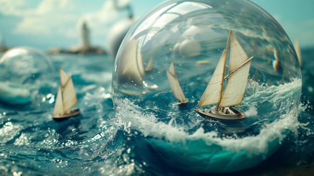 Photo a ship in a glass ball closeup