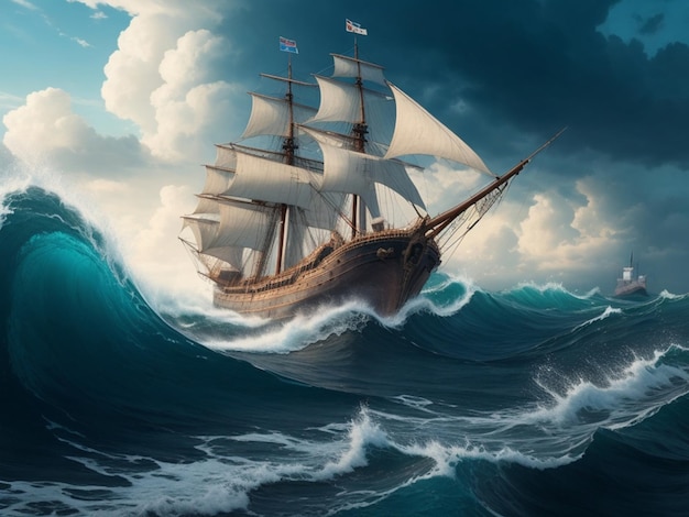 A ship in the great waves of the sea