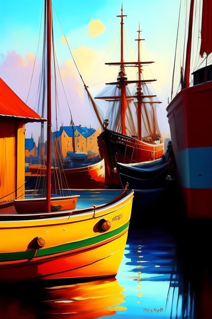 Корабль в гавани Старый порт с лодками Винтажная абстрактная импрессионистская масляная картина