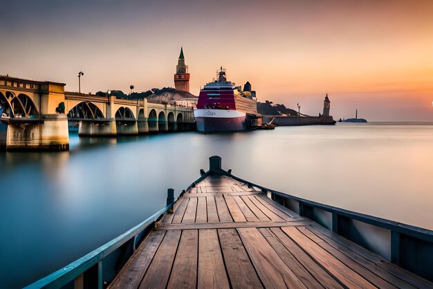 A ship in the harbor at sunset