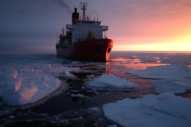 A ship in the ice with the sun setting behind it