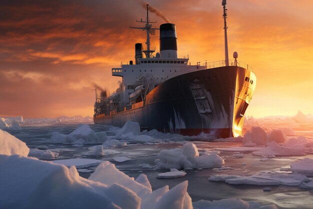 A ship in the ice with the sun setting behind it