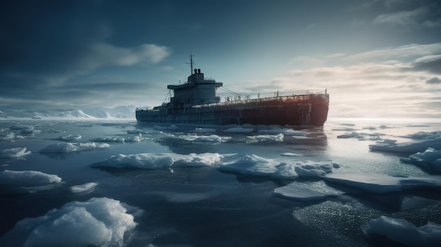 A ship on ice with the sun shining on it