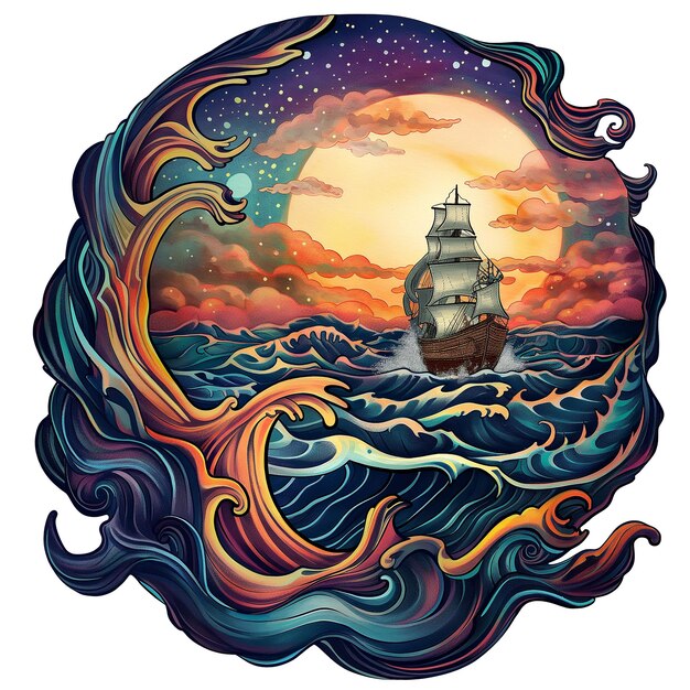 ship illustration colorful tattoo illustration