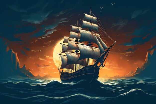 Ship illustration sailing in night sea with moon ai generated