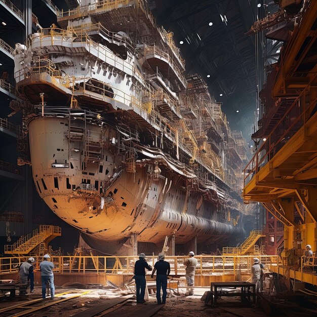 Photo a ship is being worked on in a large ship