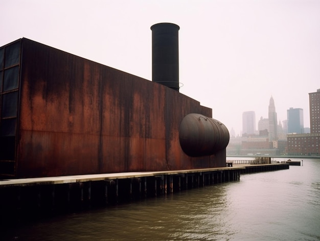 A ship is on a dock with a city in the background.