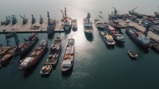 A ship is docked in a harbor with a sky background