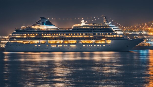 ship is docked at night with a light on the top