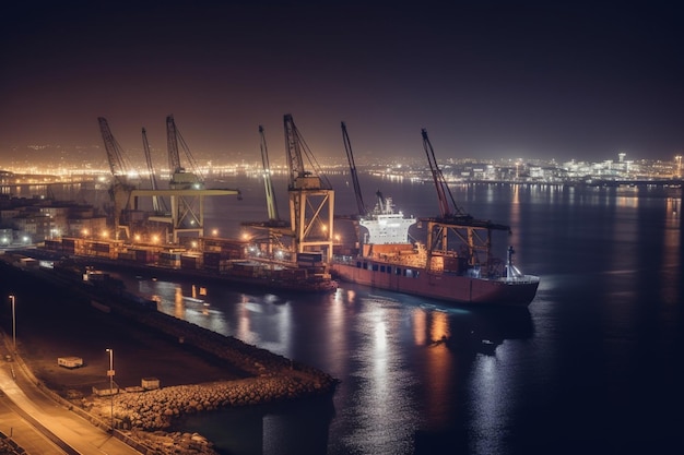 A ship is docked at a port at night.