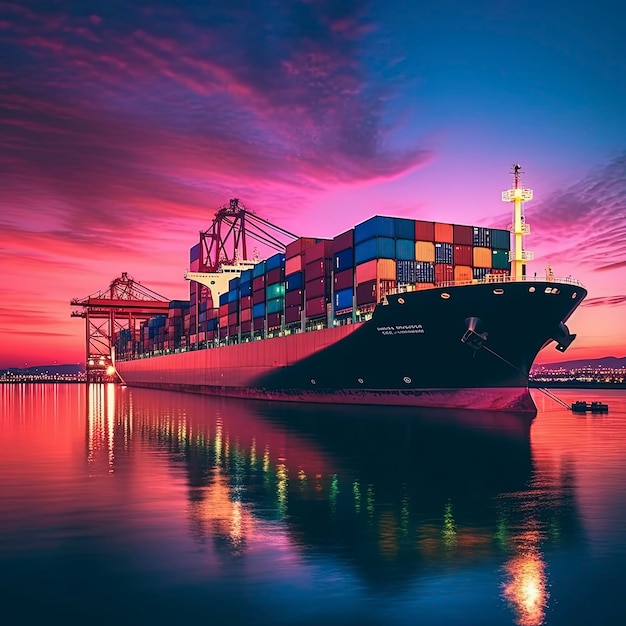 A ship is docked at a port with a pink sky Beautiful shot of a cargo ship in the ocean