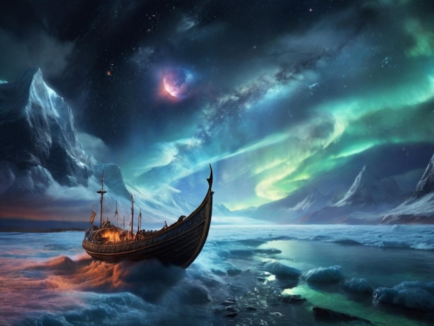 a ship is floating in the ocean with the aurora borealis visible