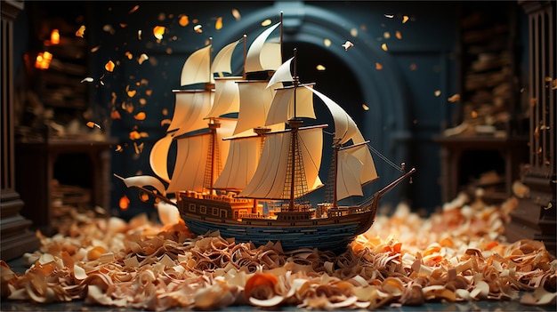Photo a ship is floating in the ocean with a sail
