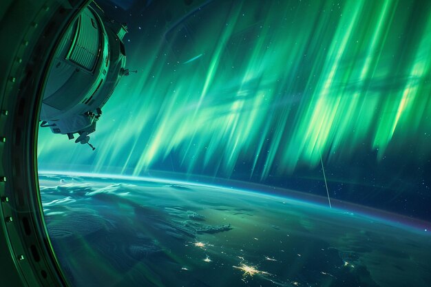 a ship is flying in space with the aurora borealis visible in the background