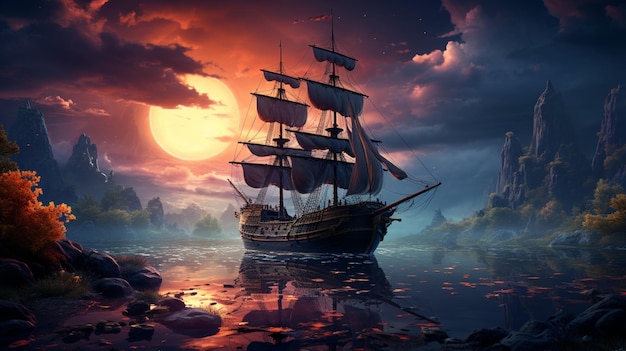 a ship is in the ocean at night