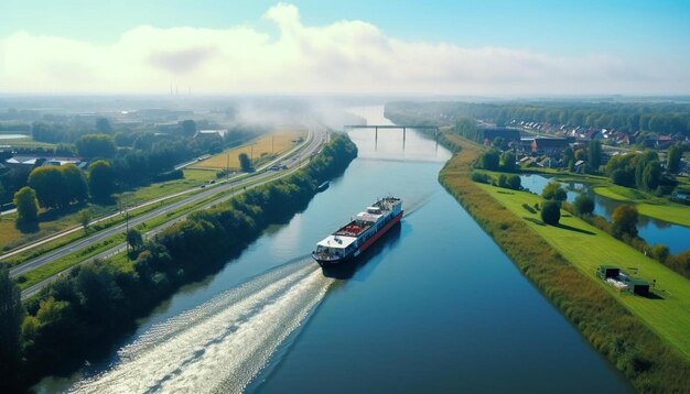 Photo a ship is sailing down a river with a bridge in the background