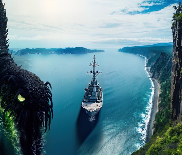 a ship is sailing in the ocean and a mountain in the background