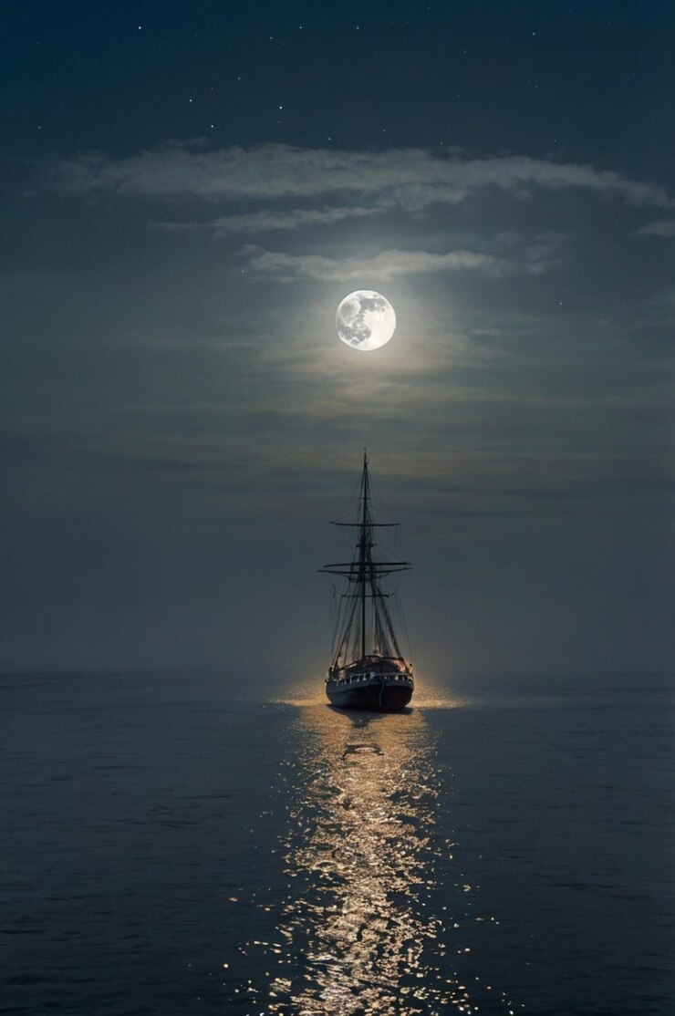 a ship is sailing in the ocean with the moon in the background