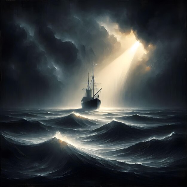 Foto una nave sta navigando nell'oceano con il sole che splende attraverso le nuvole