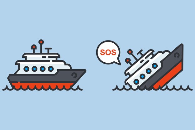 Photo the ship is sinking in the sea flat vector illustration