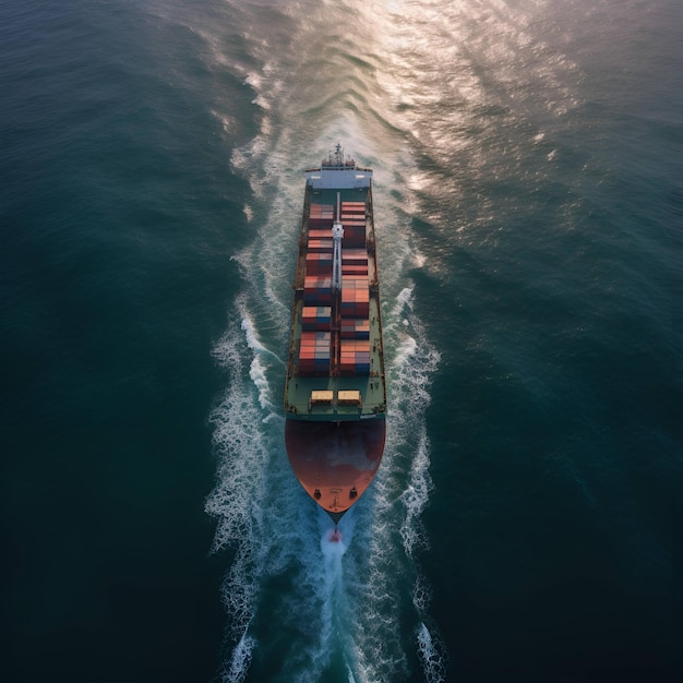 A ship is traveling in the ocean with the sun shining on the top