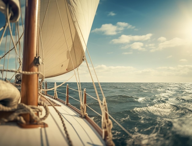 a ship is in the water with birds beautiful sailboat at sea a view from the front of a boat sailin