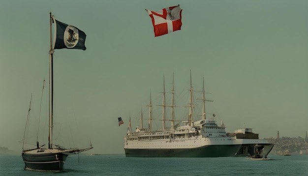 a ship is in the water with a flag flying in the background