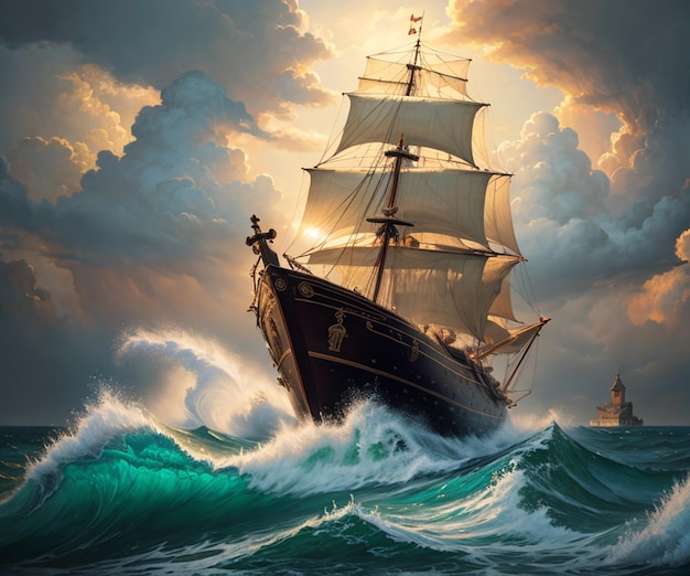 A ship is in the water with the sails down.