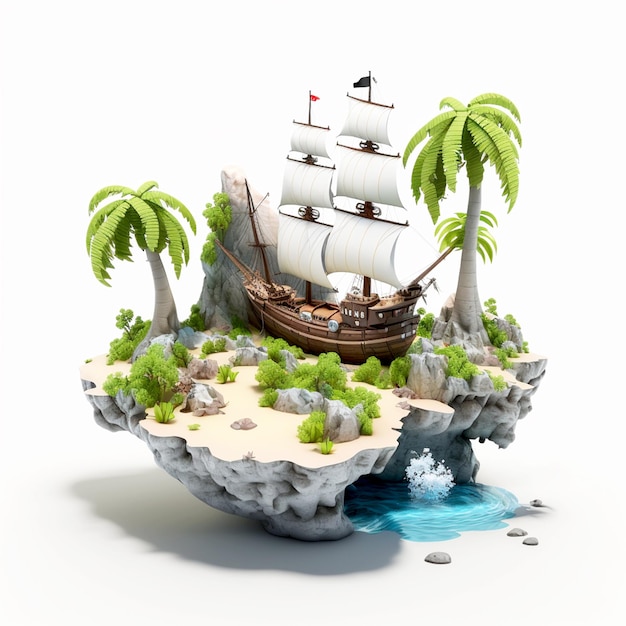 A ship on an island with palm trees and a island with a island in the middle.