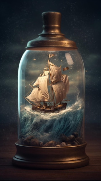 A ship in a jar is being filled with rocks.