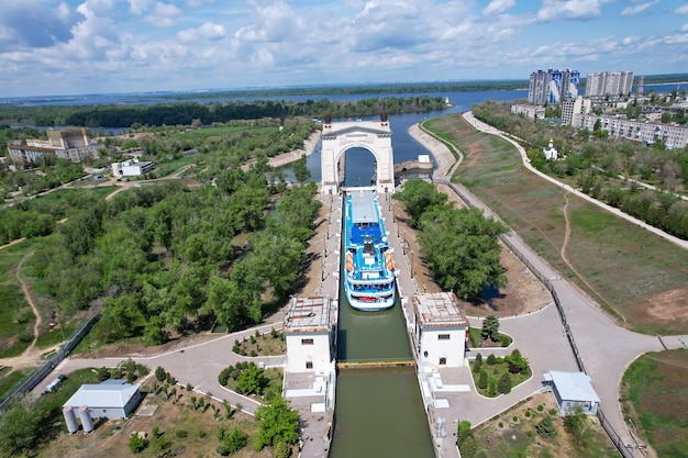 Ship A large cruise airliner with tourists on board enters the 1st gateway of the VolgaDon Shipping Canal named after Lenin Volgograd Russia