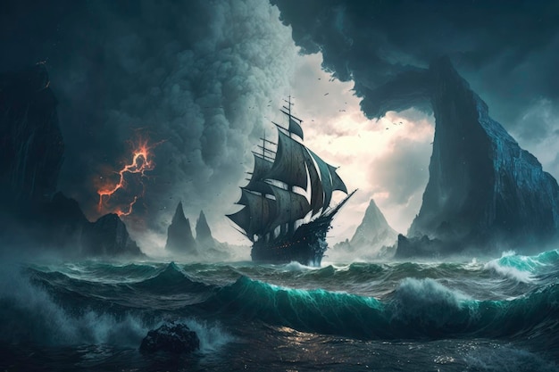 A ship in the middle of the ocean with a storm nearby a matte painting