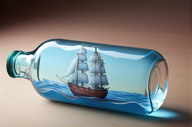 Фото Модель корабля, плавающая в безмятежной голубой бутылке с водой