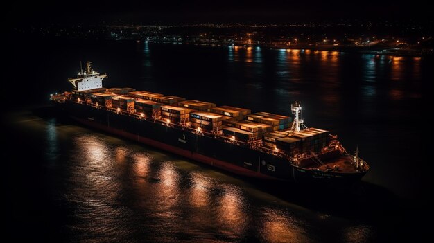 A ship at night with the letters lg on the side