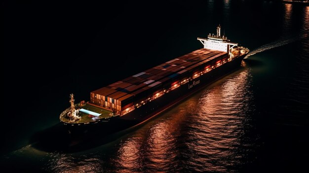 A ship at night with the word shipping on the side