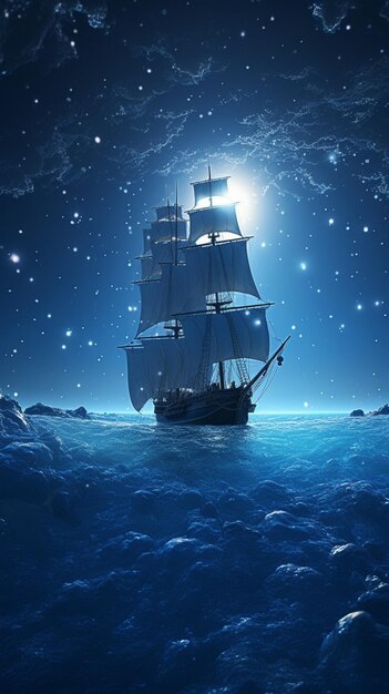 a ship in the ocean under a starry sky