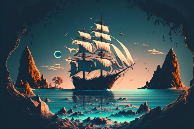 a ship in the ocean with a blue background.