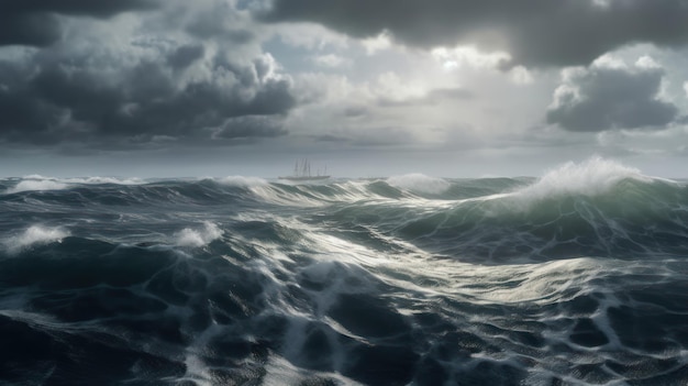 Ship in the ocean with clouds