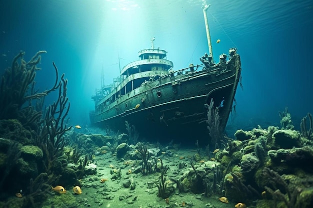 A ship in the ocean with a diver on the bottom