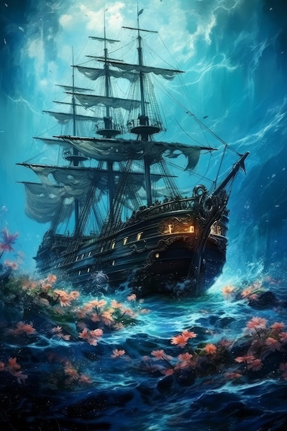 A ship in the ocean with flowers