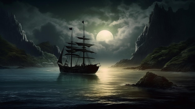 A ship in the ocean with a full moon in the background