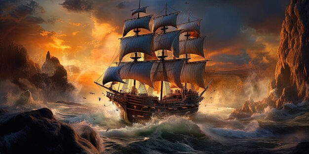 корабль в океане с золотым закатом на заднем плане