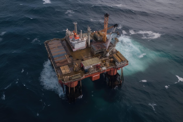 A ship in the ocean with a large platform in the foreground.