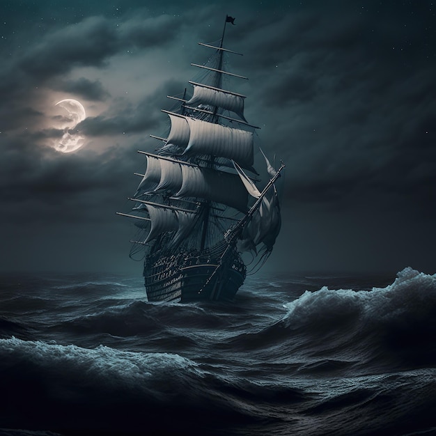 A ship in the ocean with the moon in the background