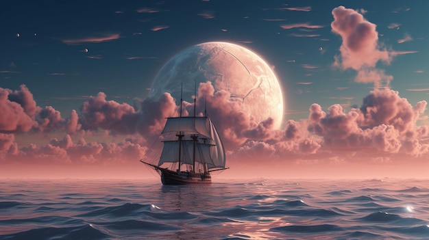 A ship in the ocean with the moon behind it