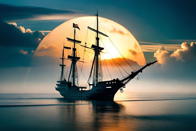 A ship in the ocean with the moon behind it